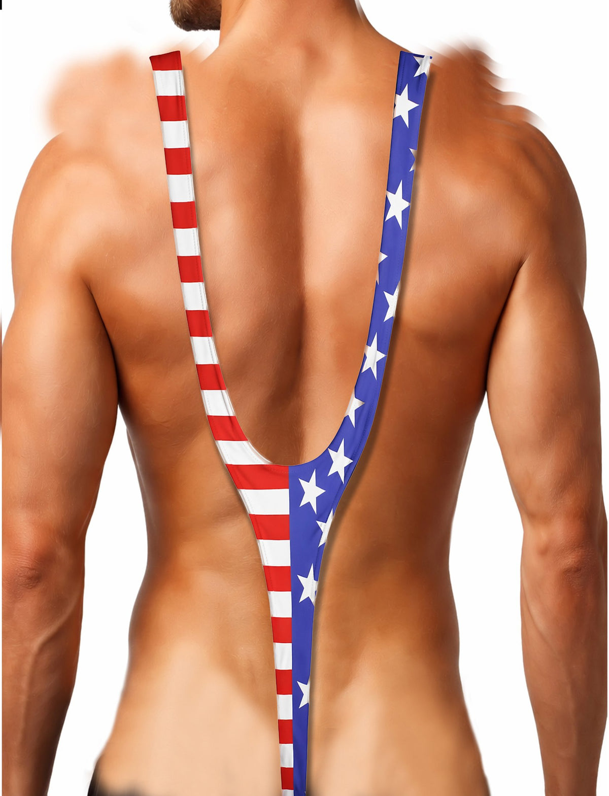 Another lifestyle view of the USA mankini novelty polo shirt