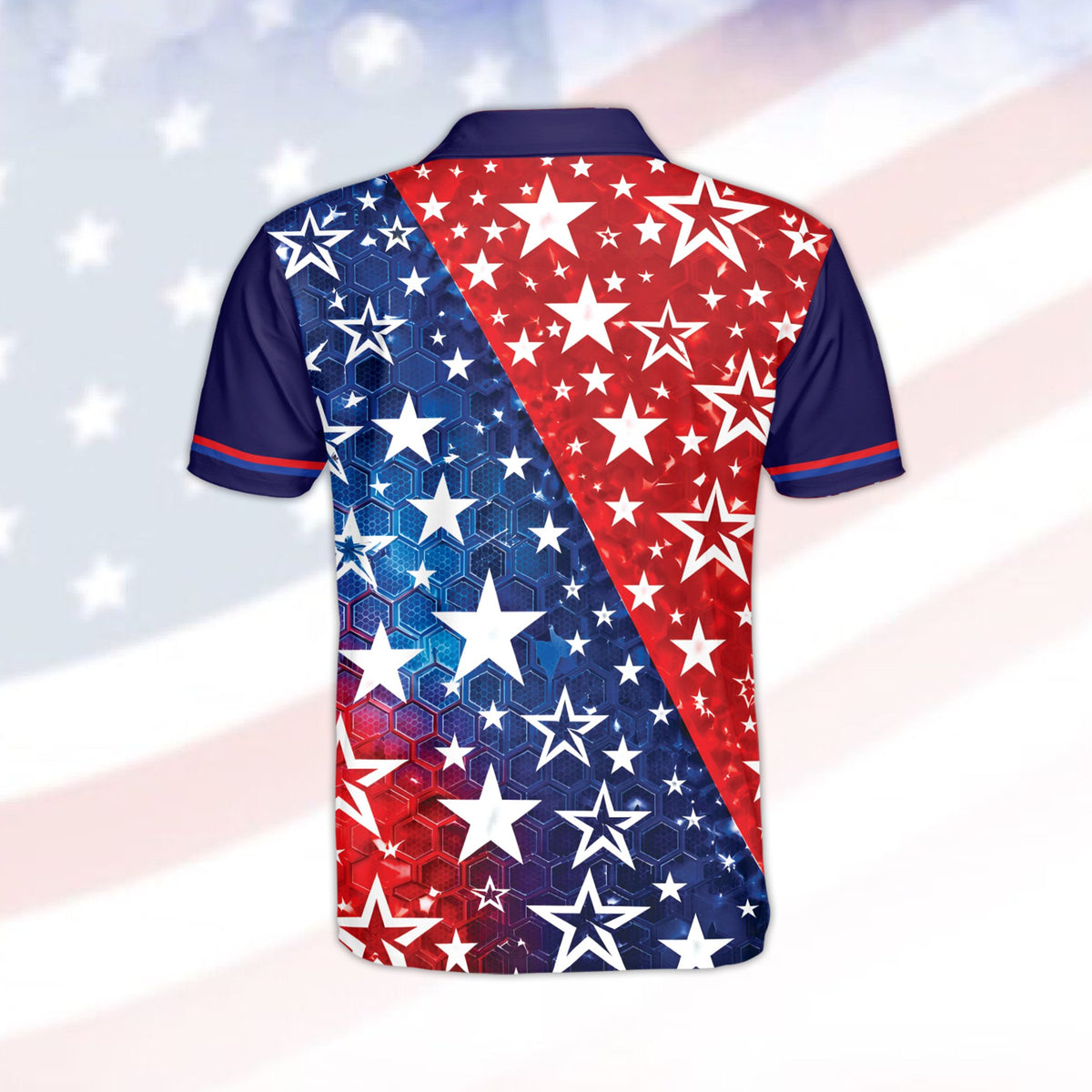 Back view of the personalized patriotic polo shirt in red, white, and blue