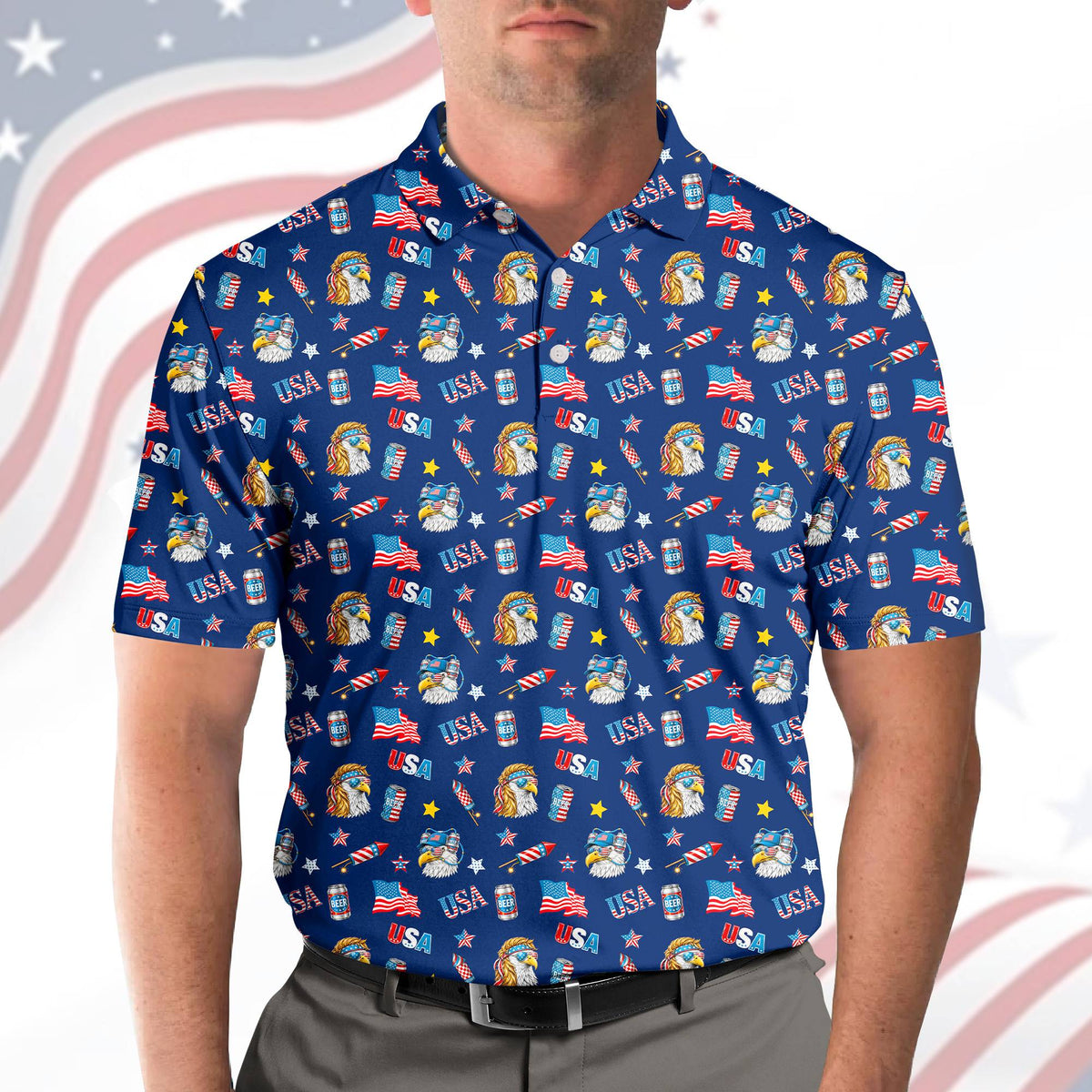 Another lifestyle view of the fourth of july polo shirt being worn