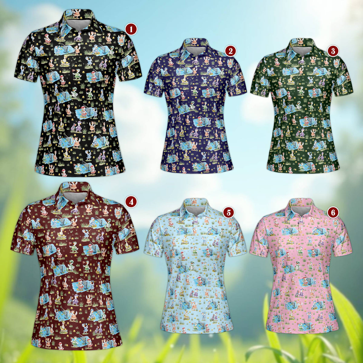 Pickleball polo shirt with cartoon ducks playing, multicolor background front view