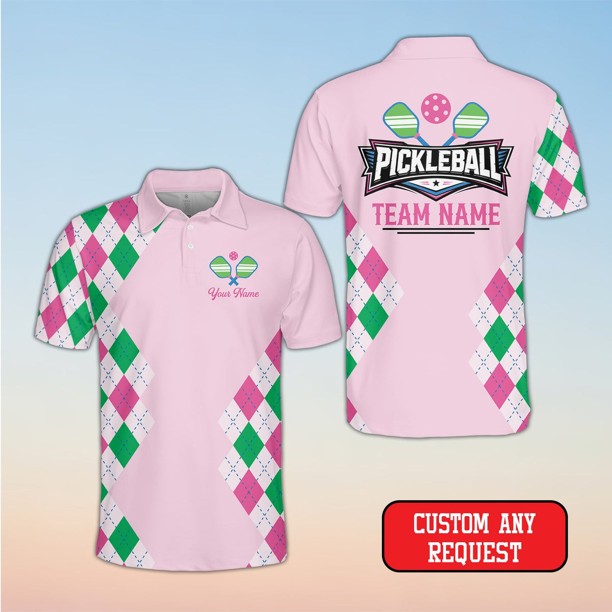 Pink pickleball polo shirt with argyle design, front view