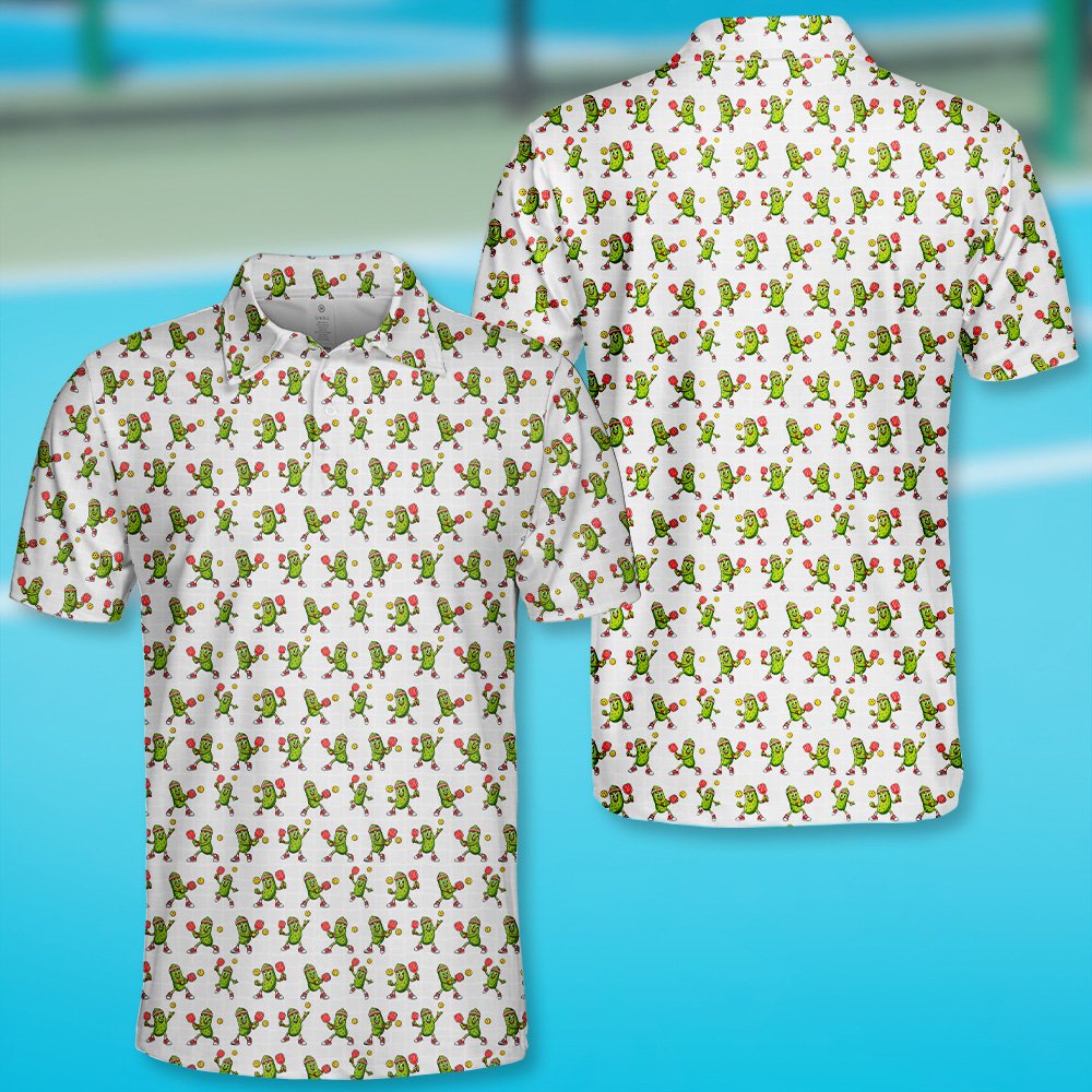 Third lifestyle view highlighting the abstract pickle print on the polo shirt