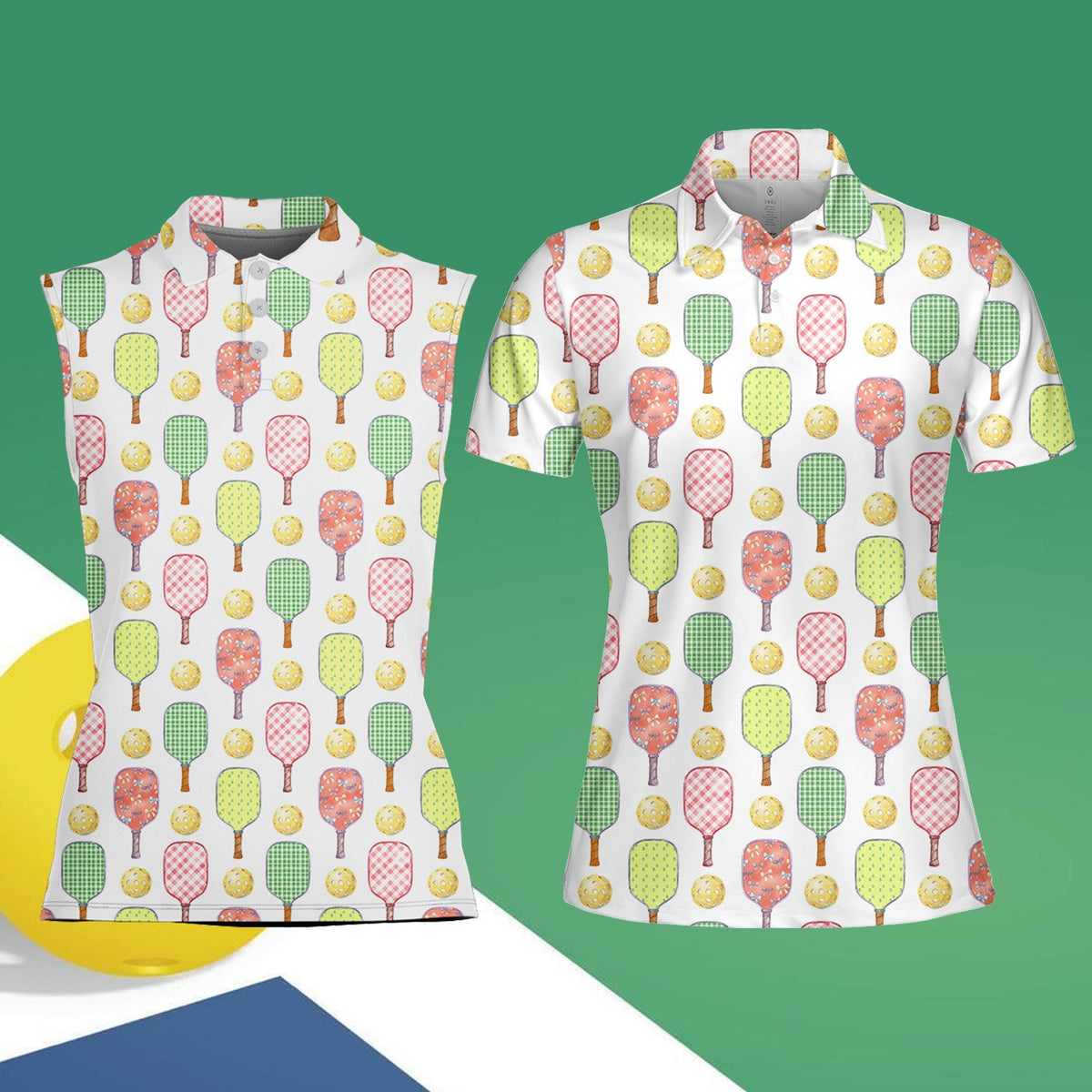 Adult wearing white pickleball polo shirt with paddle pattern on the court 3