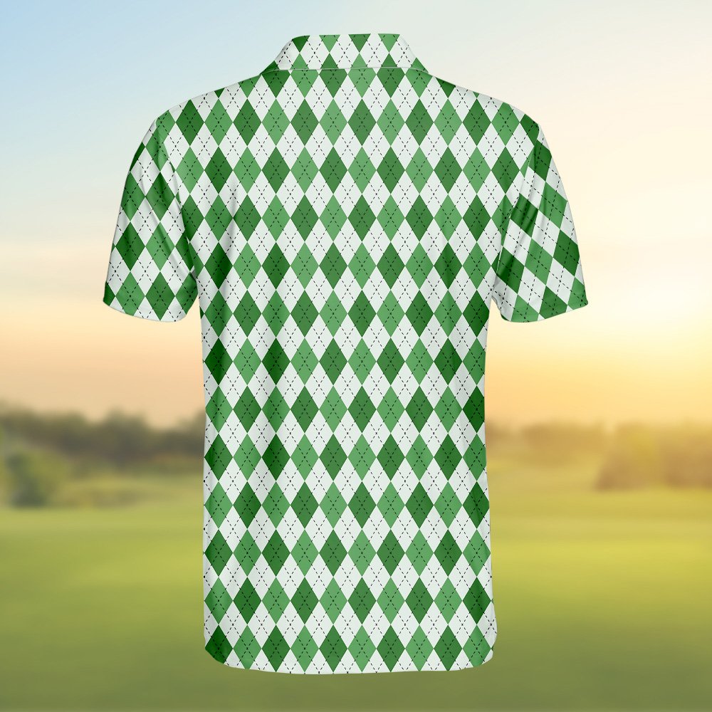 Detailed back view of the argyle golf polo