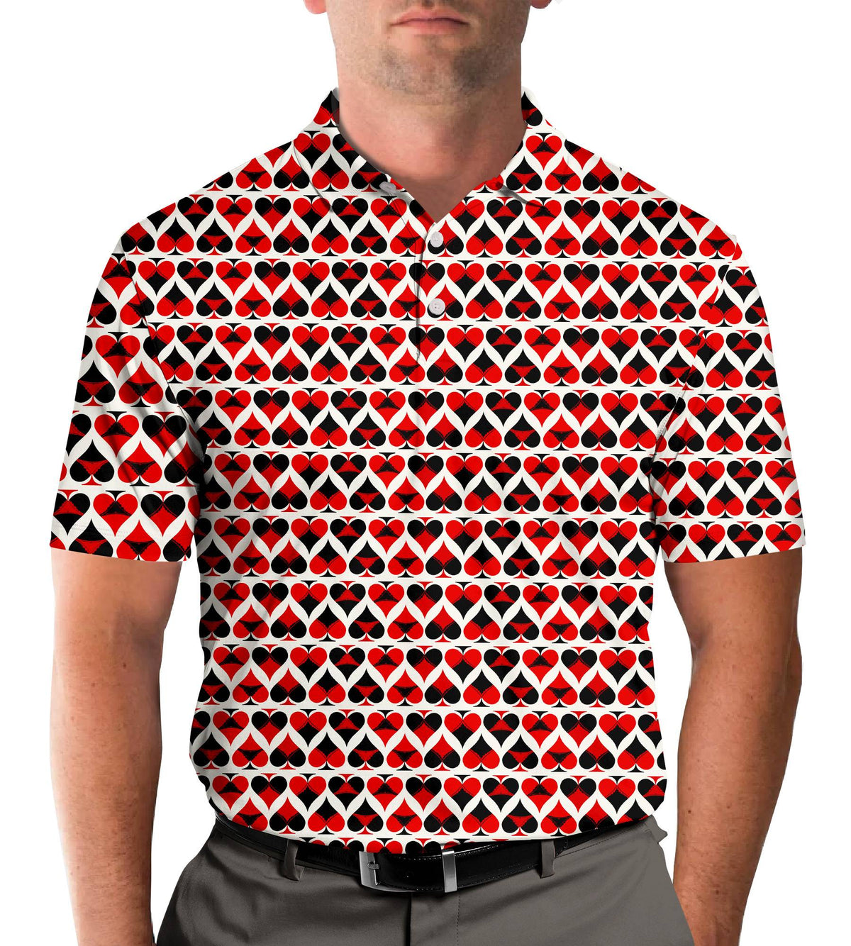 Back view of the white spades polo shirt showing the repeating pattern