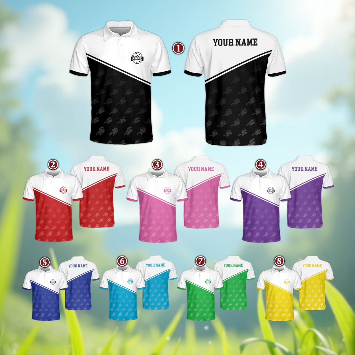 Front view of the custom name and number polo shirt in multicolor style