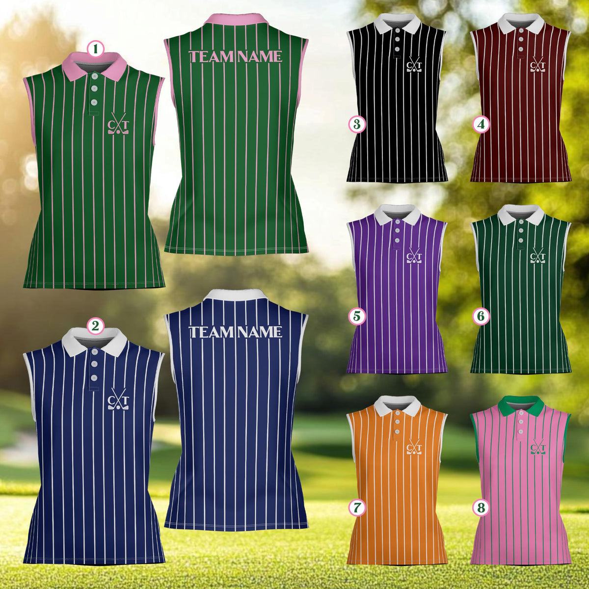 Group view of custom name and number polo shirts in multiple colorways