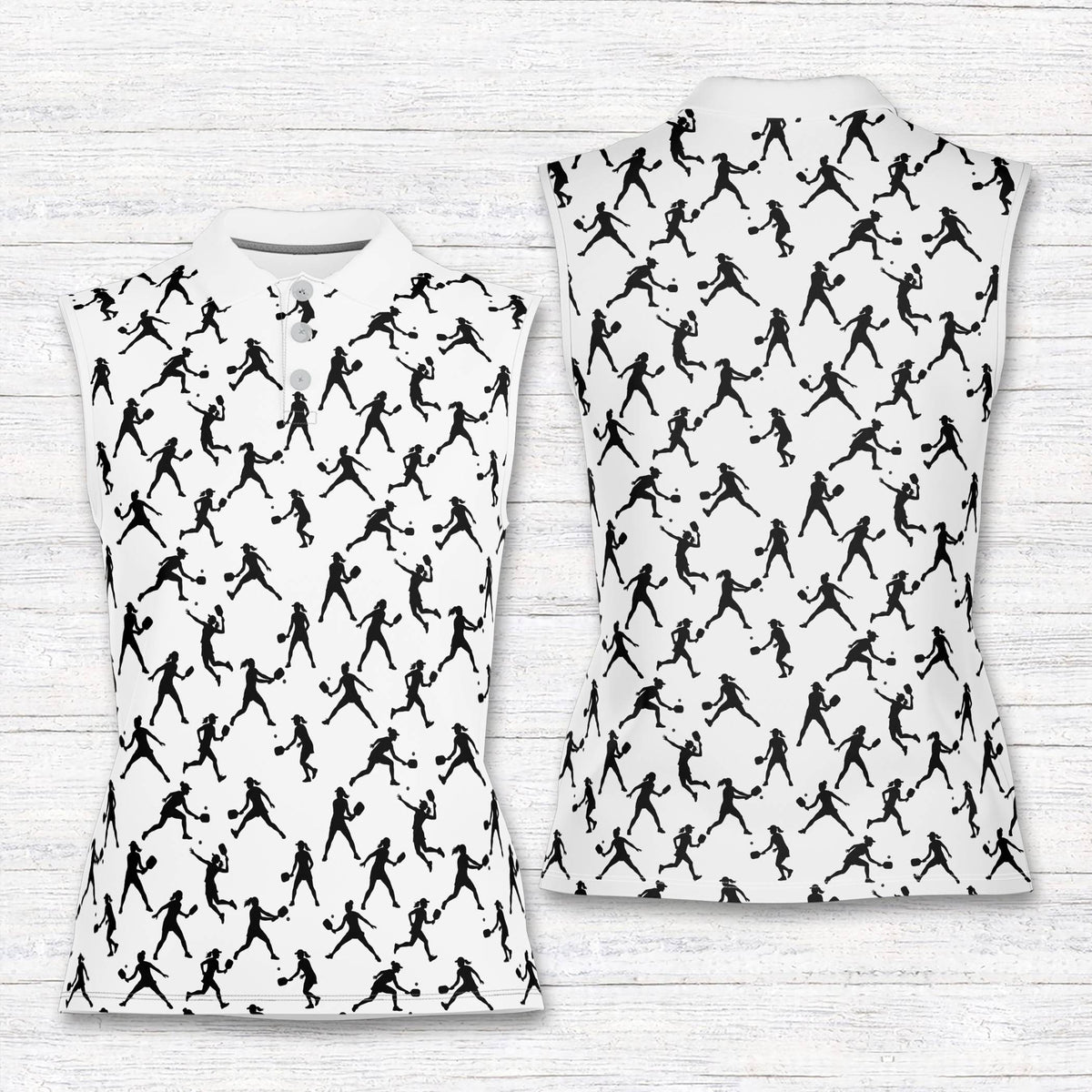 White sports polo shirt with tennis player pattern, front view