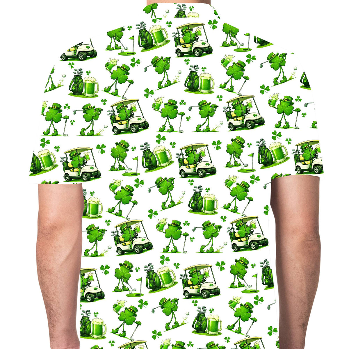 Third lifestyle view of the St. Patrick's Day golf polo shirt on the golf course
