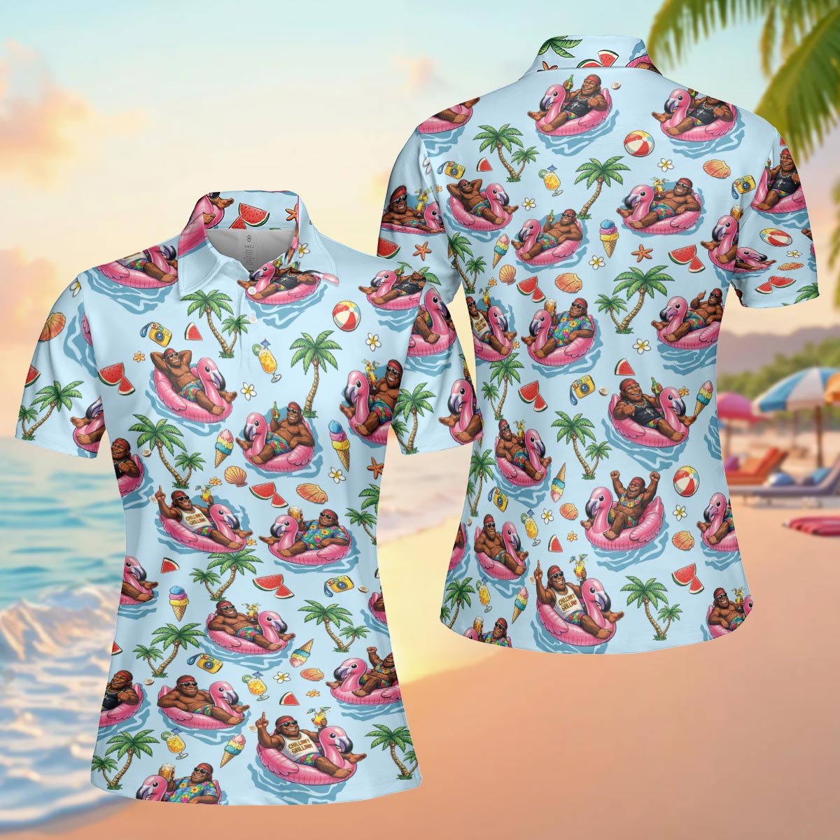 Detailed front view of the summer polo shirt showing the relaxing gorilla pattern