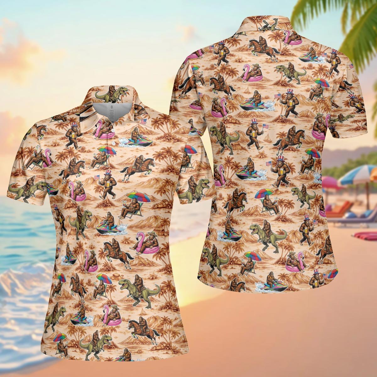 Detailed front view of the beach polo shirt with Bigfoot and palm trees