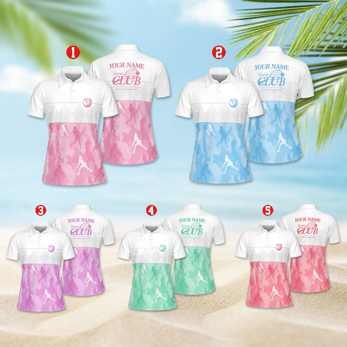 Front view of the personalized tennis polo shirt in multicolored variation