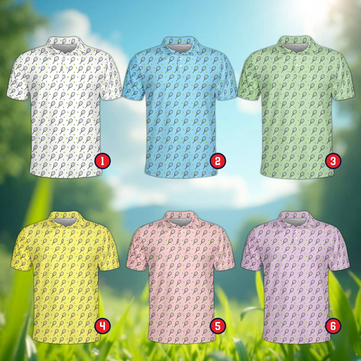 Multicolor view of geometric polo shirt with tennis theme