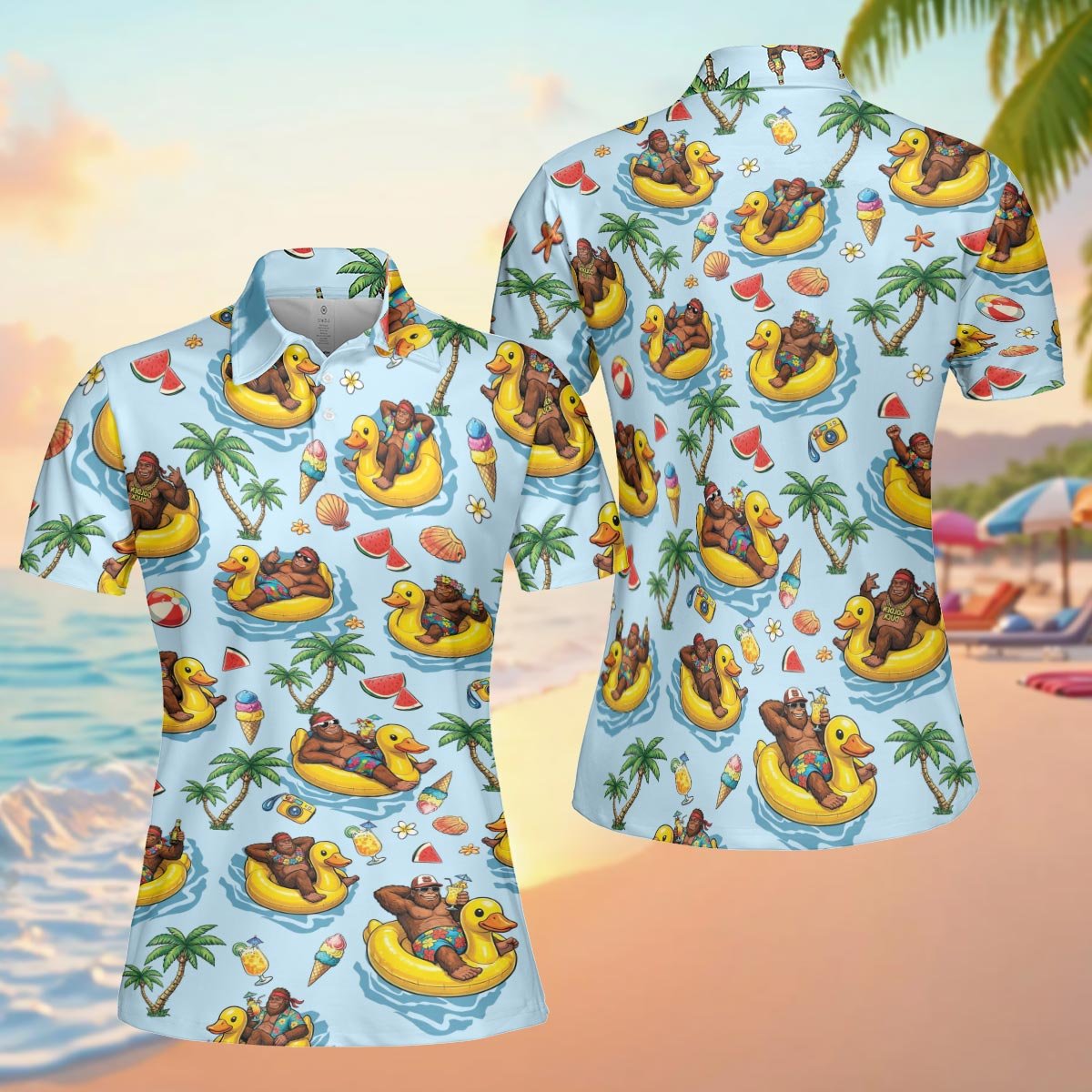 Another front view of the tropical polo shirt with cartoon gorilla design