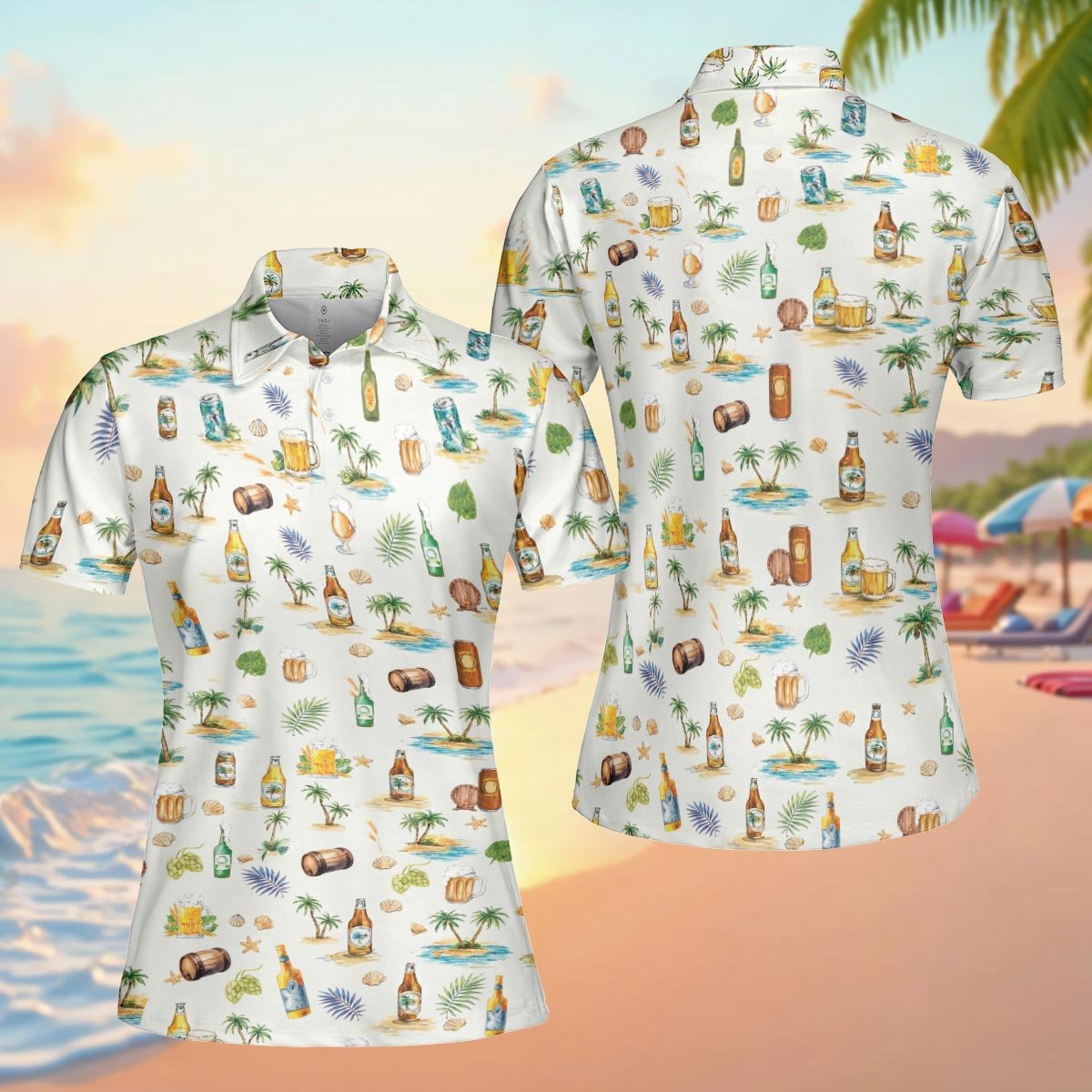 Front view of the beach polo shirt with watercolor-style beer and island illustrations