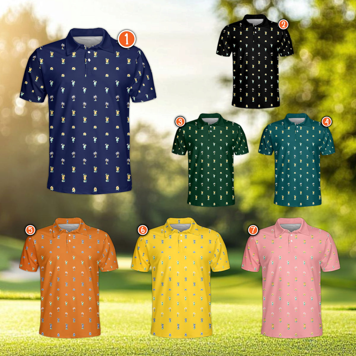 Additional front view of the summer polo shirt with tropical elements