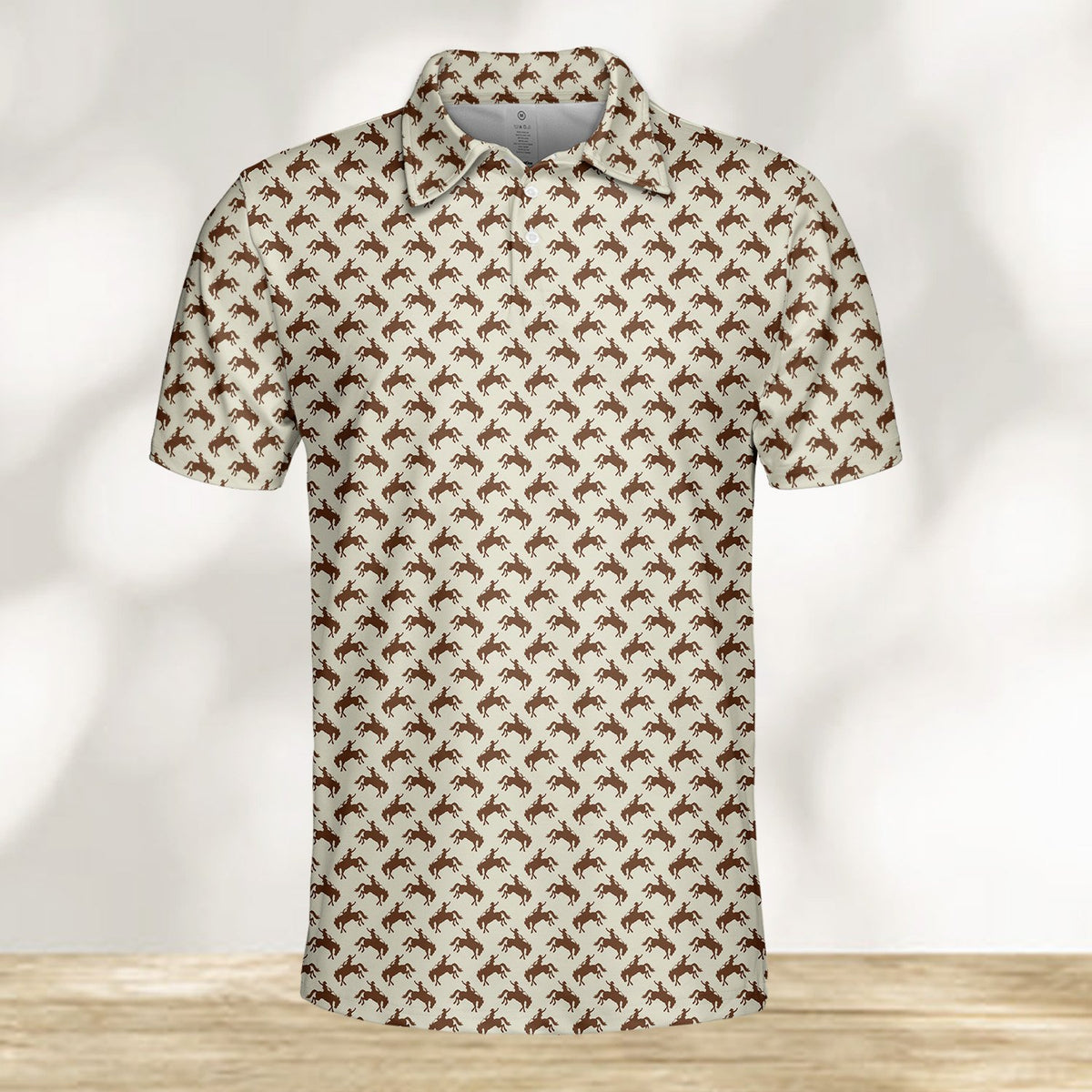 Beige polo limited-edition western shirt with brown bucking cowboy pattern, front angle view 8
