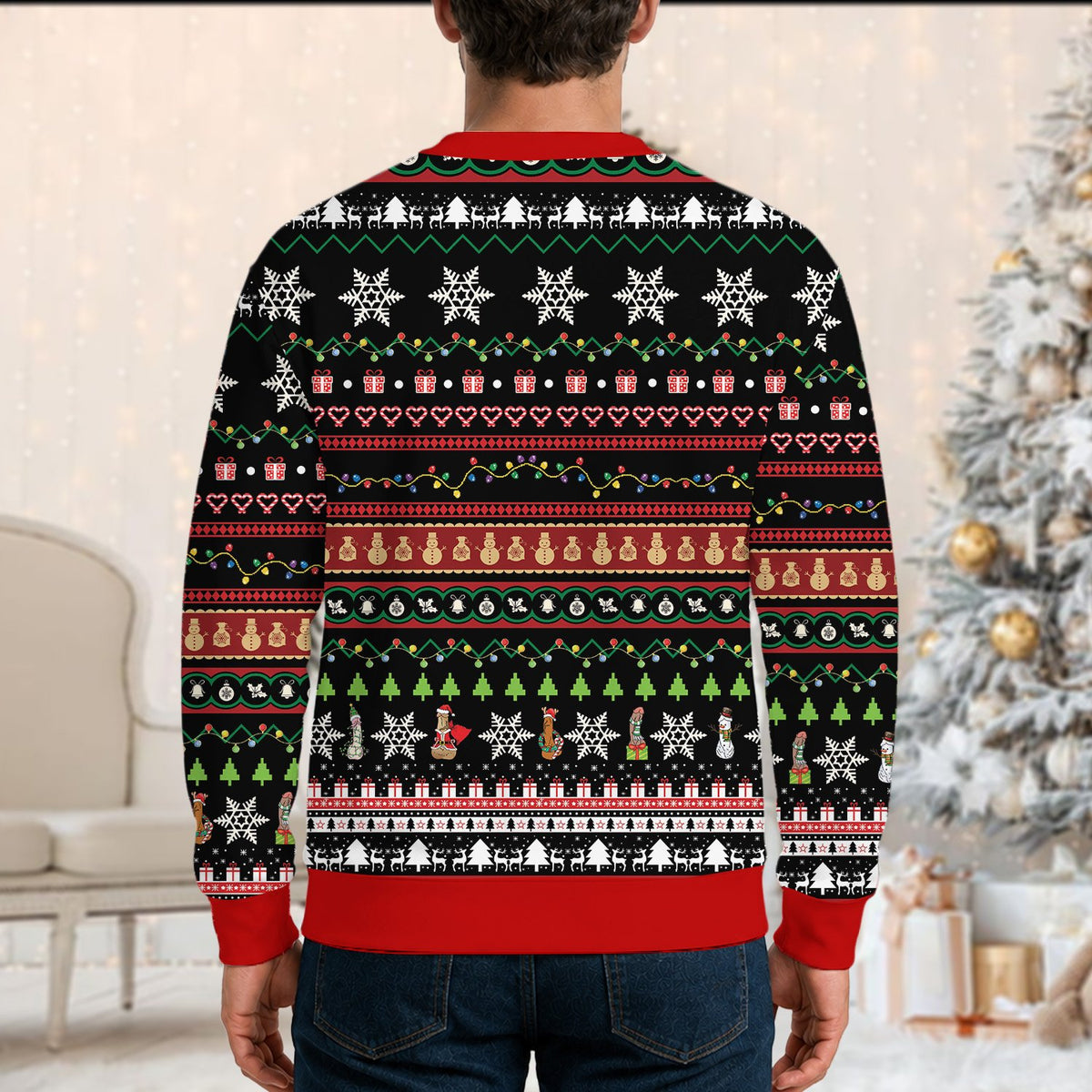 Another lifestyle shot showing the ugly christmas sweater adult humor design in action