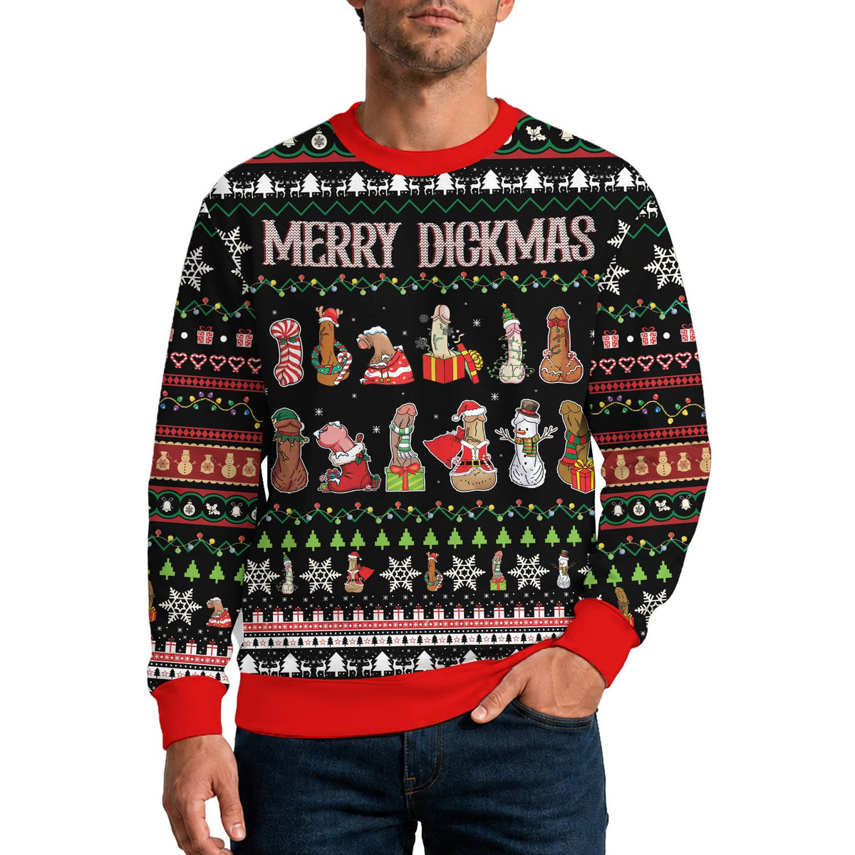 Third lifestyle view highlighting the fit of the adult ugly christmas sweater