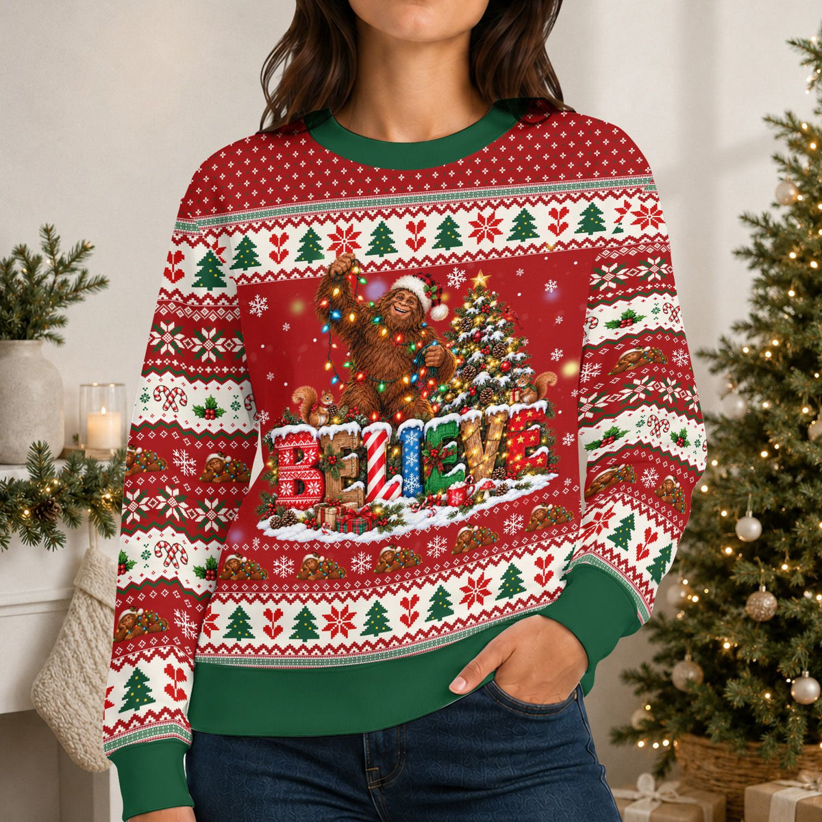 Lifestyle shot of the bigfoot christmas ugly sweater in a festive setting