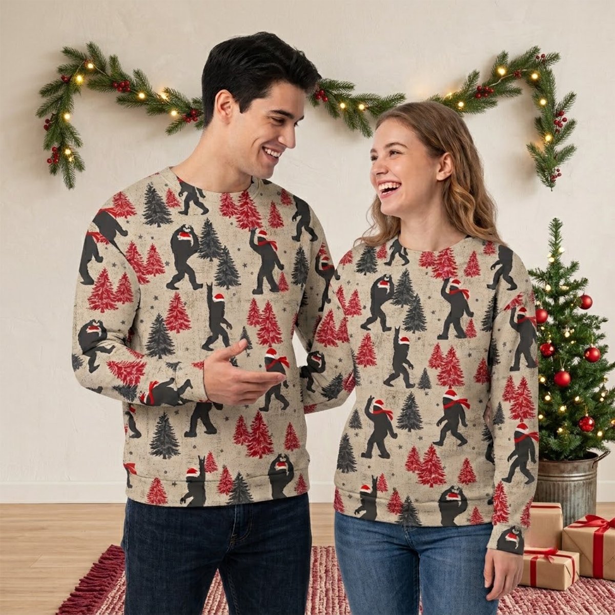 Another lifestyle view of the holiday bigfoot ugly sweater