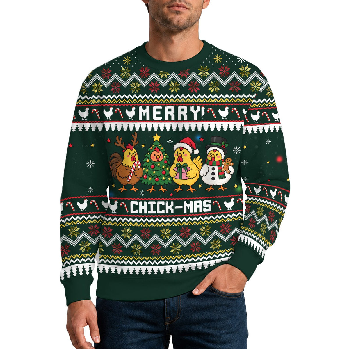 Third lifestyle image showcasing the fit and festive design of the christmas ugly sweater