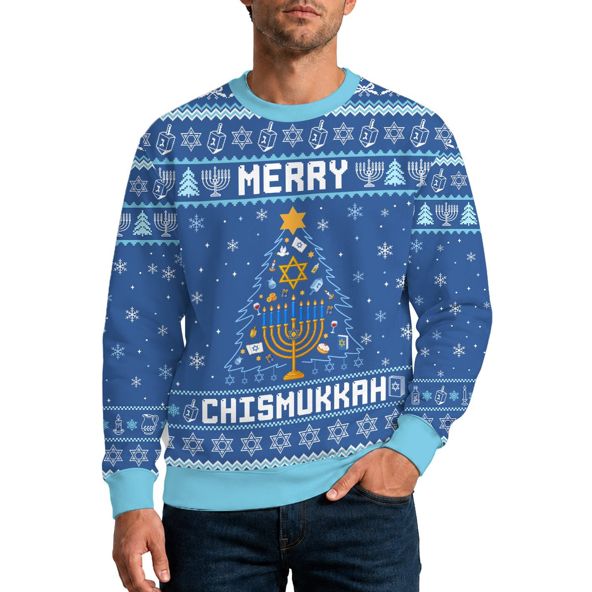 Additional view of the printed ugly chrismukkah sweater design elements