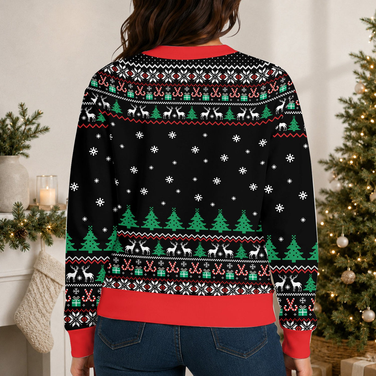 Person wearing the black ugly christmas sweater with adult humor design, casual lifestyle view