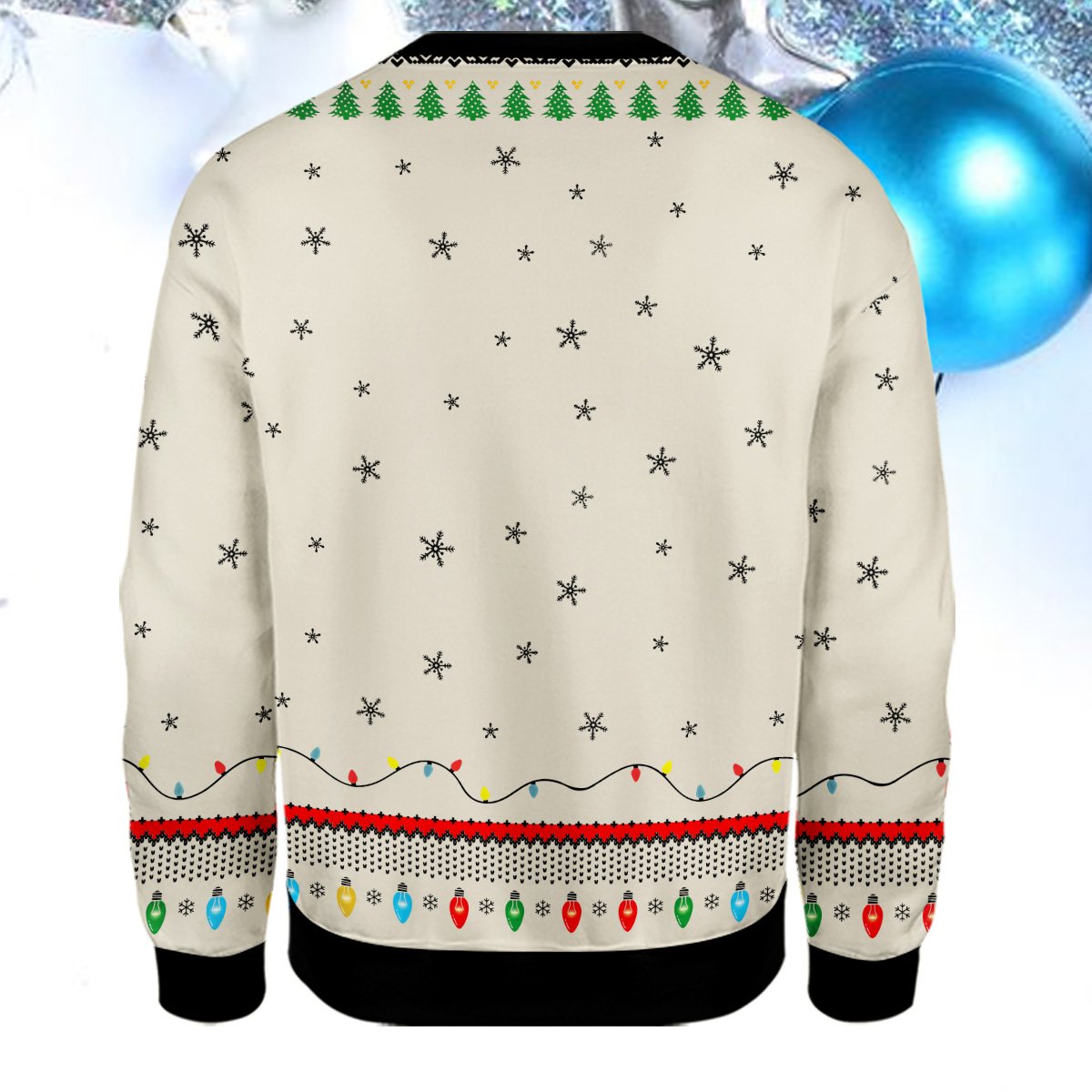 Full back view of the beige holiday ugly sweater showing the decorative hem and cuffs