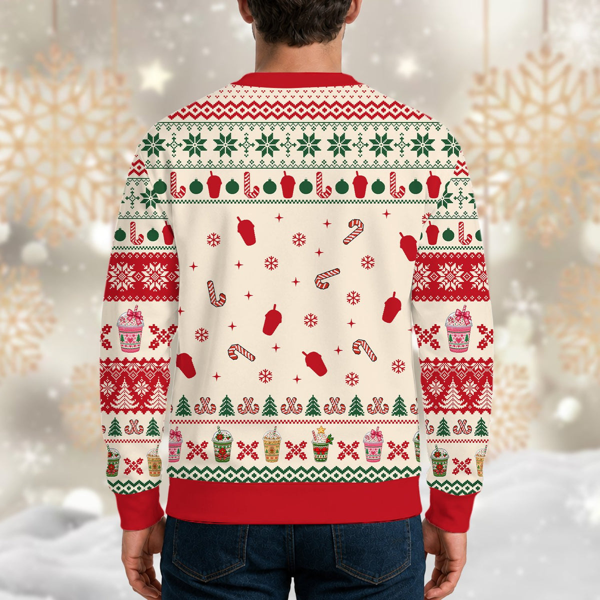 Full lifestyle view of the Merry and Caffeinated christmas ugly sweater