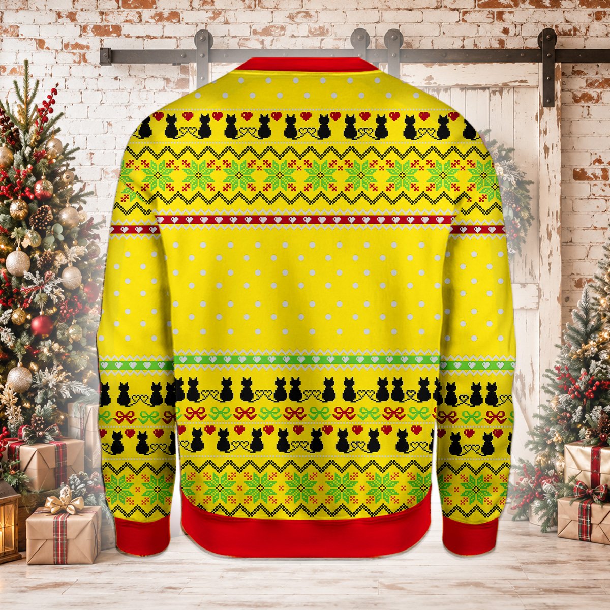 Festive indoor lifestyle shot wearing the Christmas cats ugly sweater