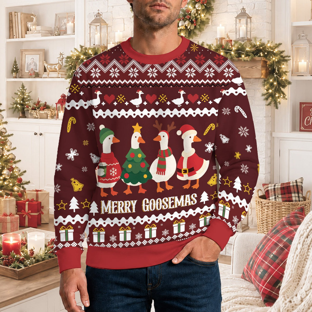 Lifestyle view of an adult wearing the maroon christmas geese ugly sweater in a holiday setting