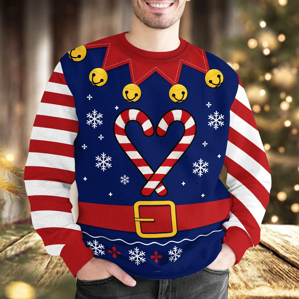 Lifestyle view of the back and side of the navy ugly christmas sweater being worn