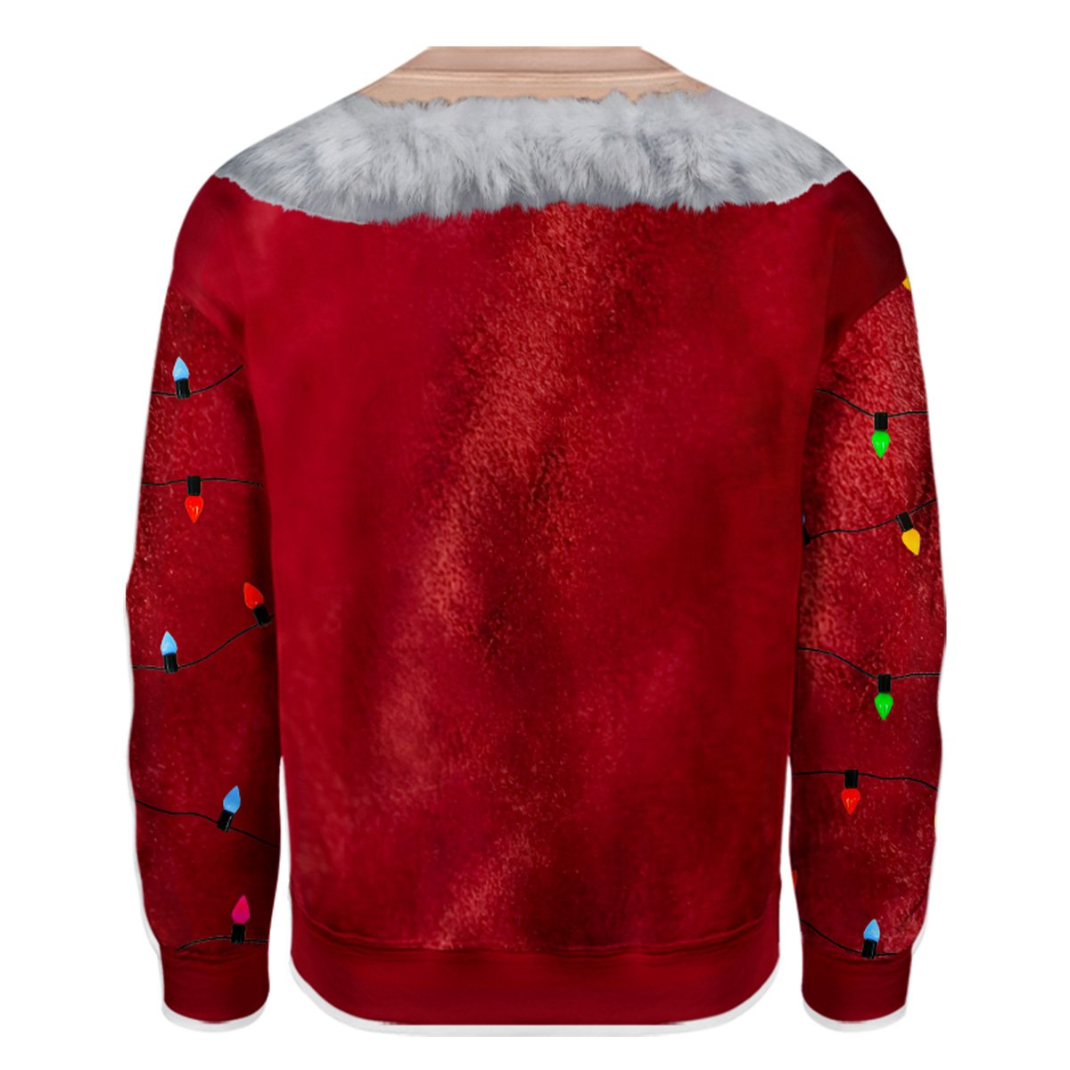 Back view of the red novelty ugly christmas sweater, alternate angle 3