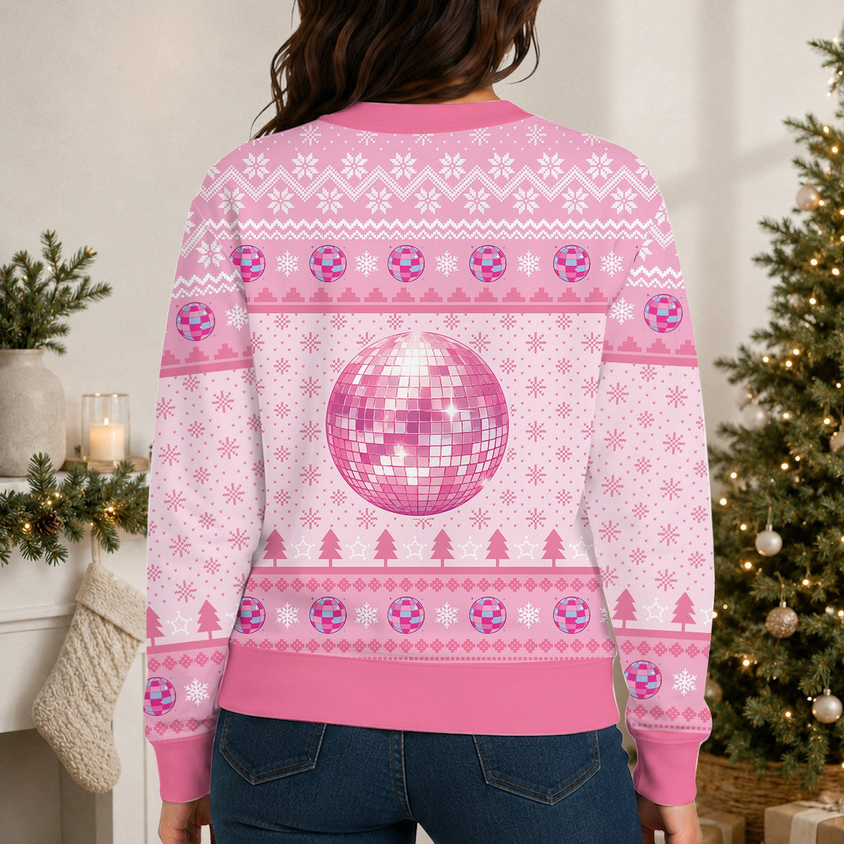 Adult enjoying a holiday party in the pink ugly christmas sweater, lifestyle view