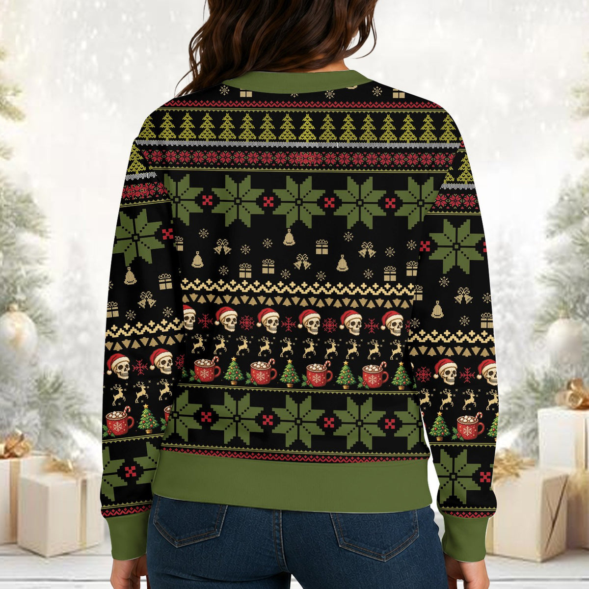 Second lifestyle view of the black ugly Christmas sweater