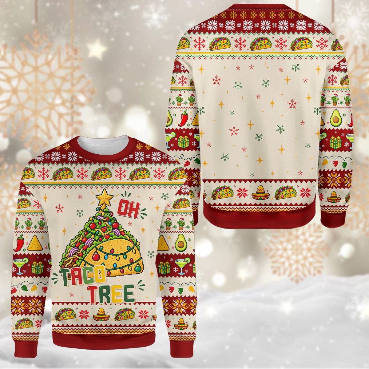 Close-up detail of the Oh Taco Tree design on the holiday sweater