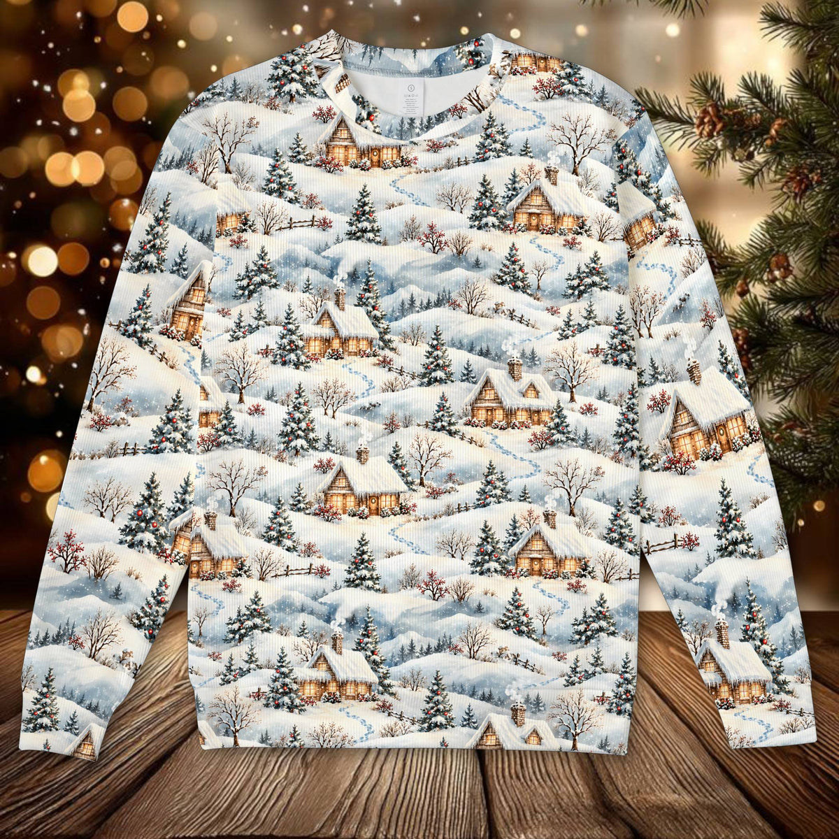 Close up front view of the white christmas ugly sweater with winter village pattern