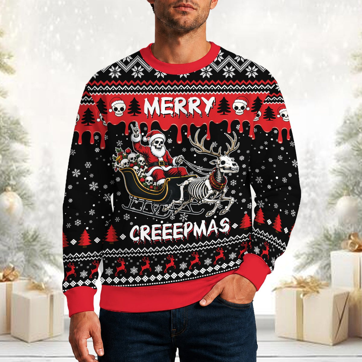 Lifestyle view of a person wearing the creepy ugly christmas sweater