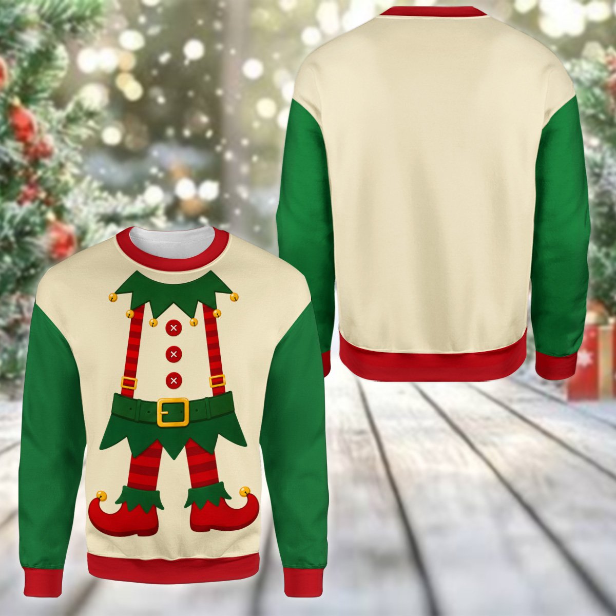 Back view of the ugly christmas sweater elf design