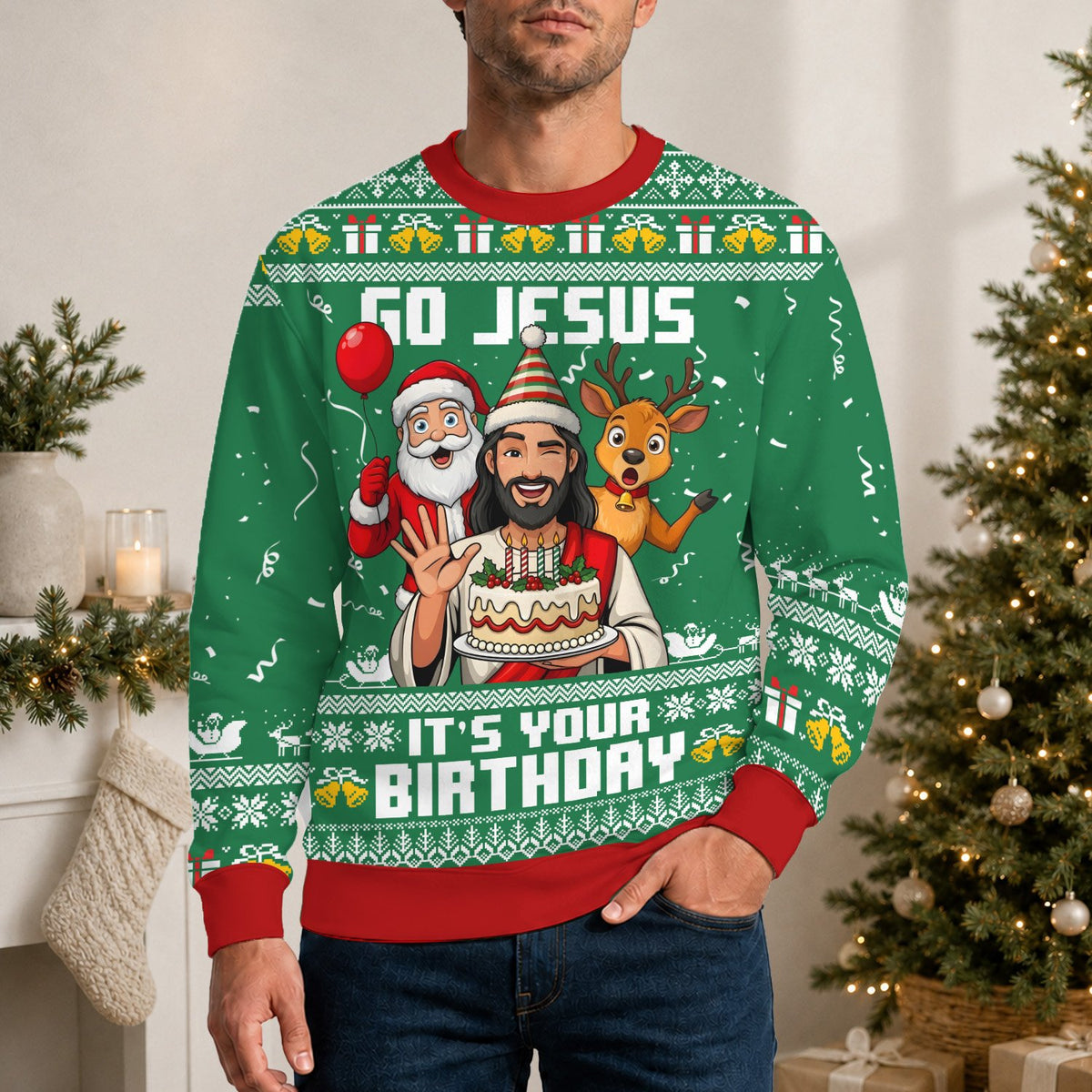 Adult wearing the green faith ugly sweater at a holiday gathering