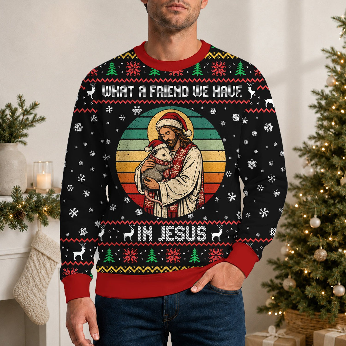 Lifestyle view of a person wearing the Jesus and opossum ugly christmas sweater
