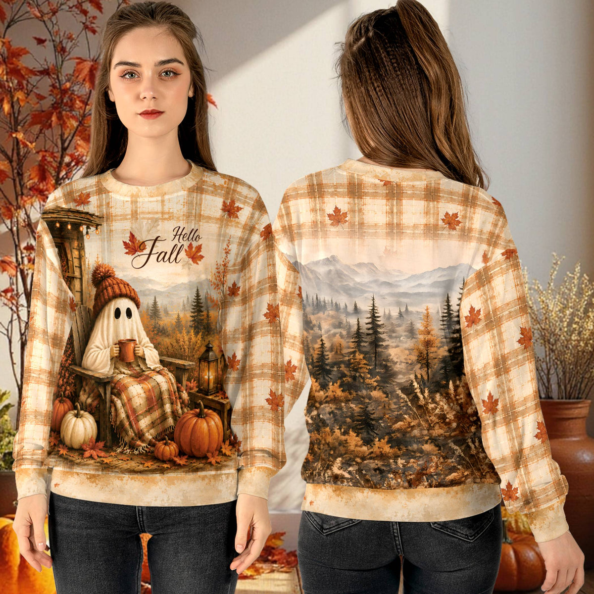 Lifestyle view of someone wearing the cozy fall ghost ugly sweater