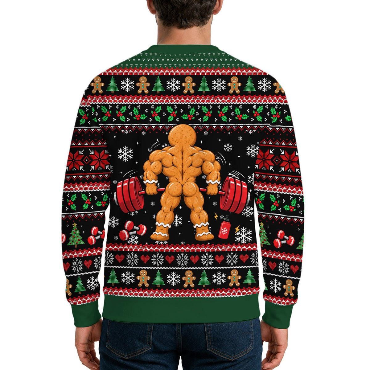 Lower back view of the black gym gingerbread sweater