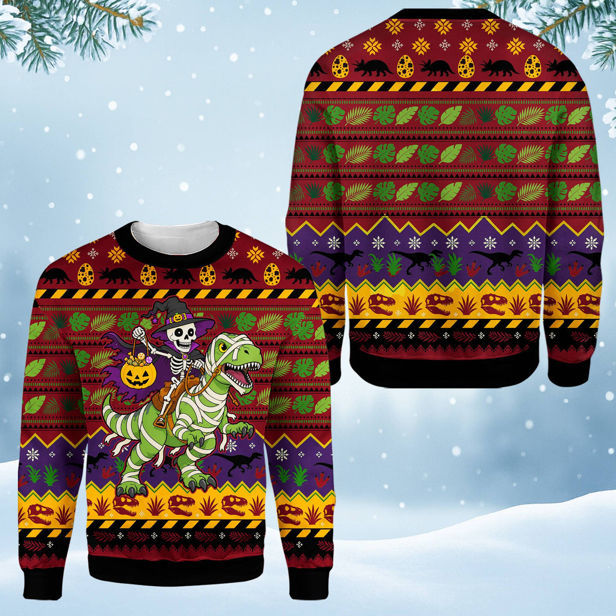 Another detailed view of the colorful ugly christmas sweater dinosaur design
