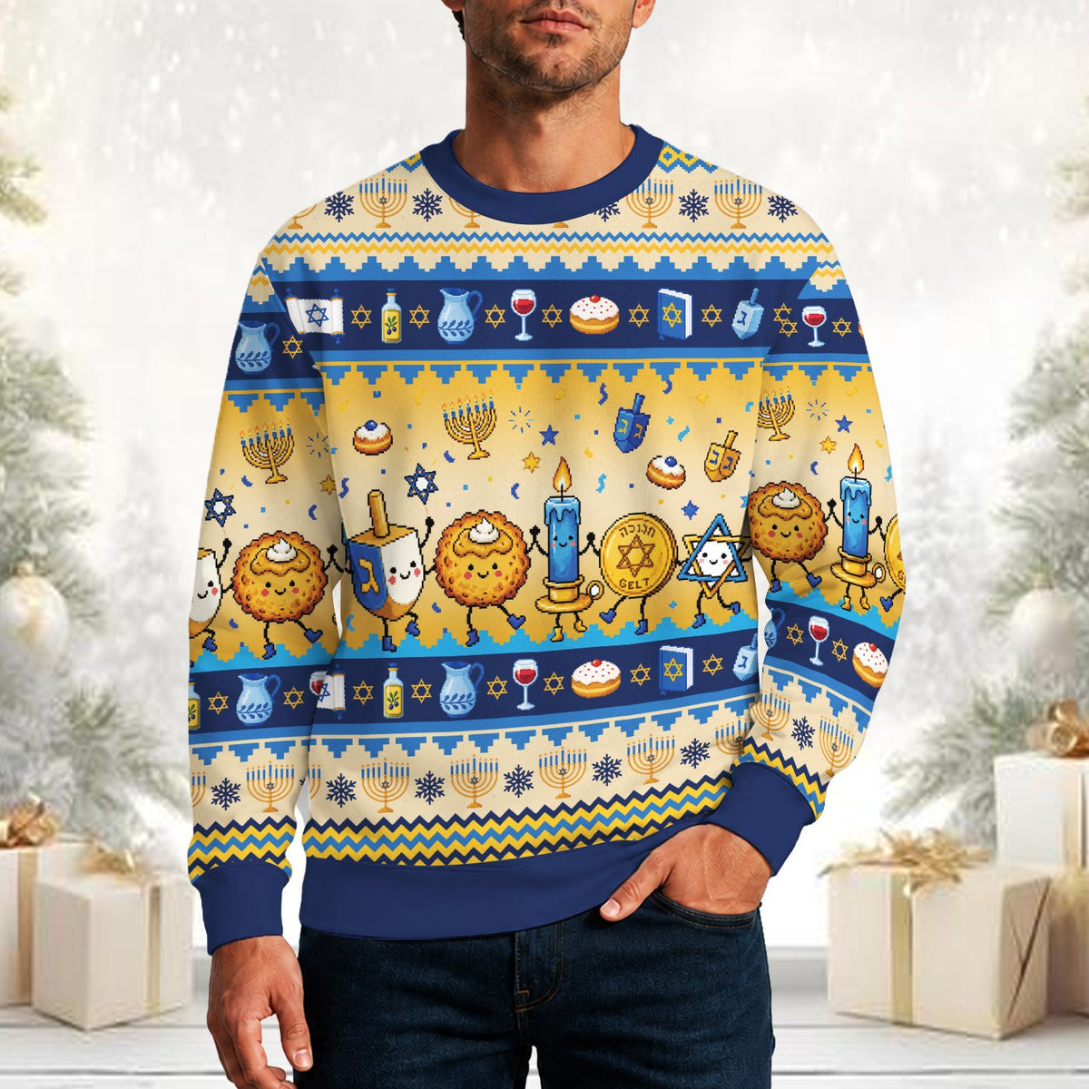 Final lifestyle shot of the pixel art holiday ugly sweater worn casually