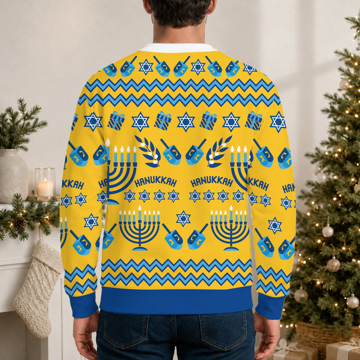 Final lifestyle image featuring the yellow ugly hanukkah sweater