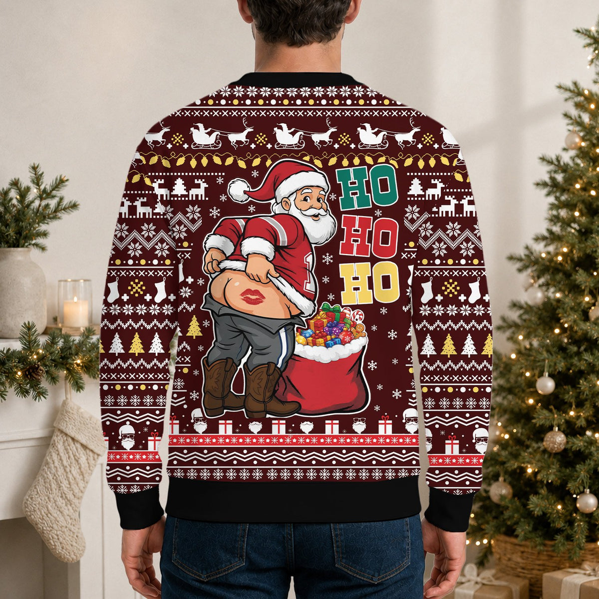 Alternate lifestyle view of someone wearing the maroon ugly Christmas sweater humor design