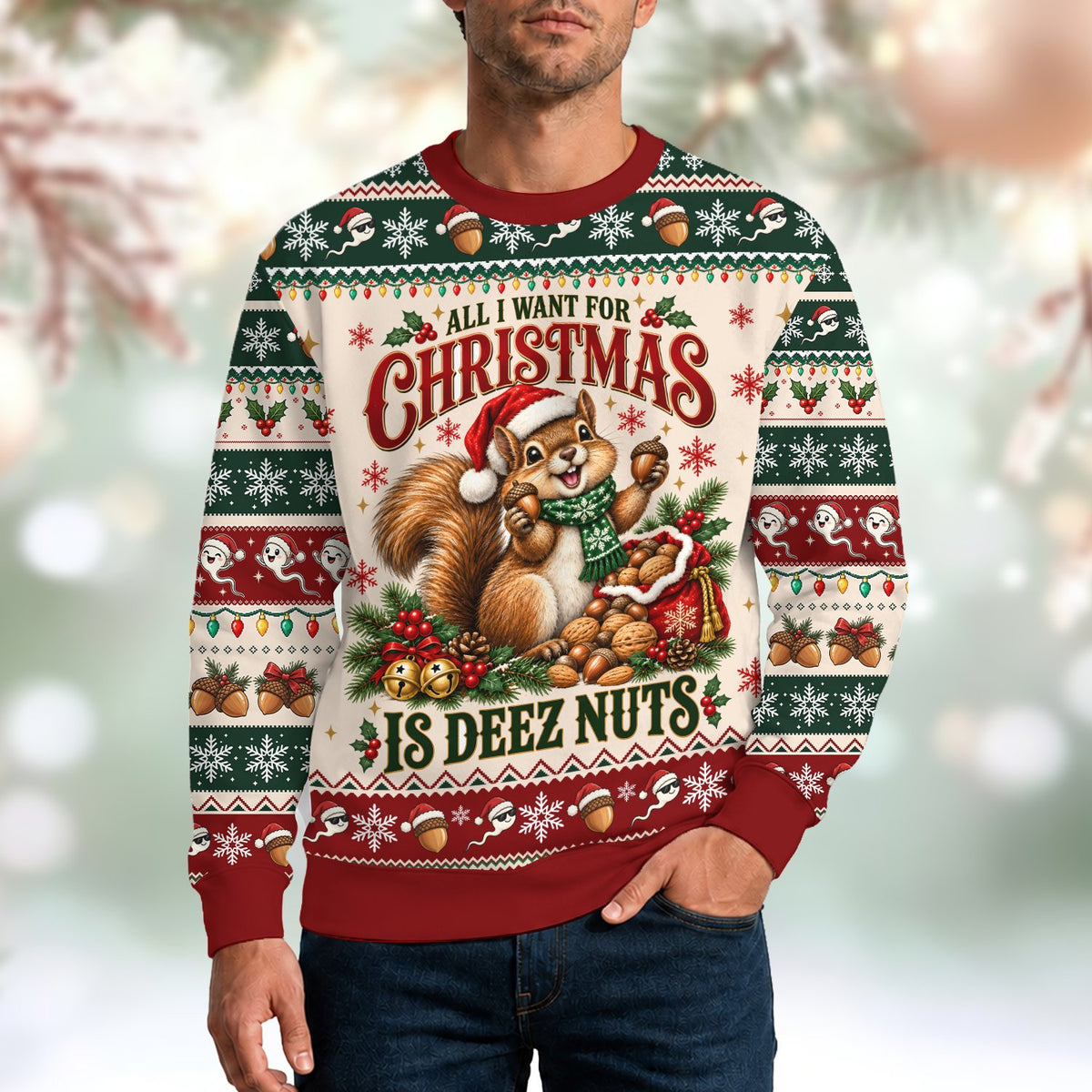 Lifestyle view showing the full ugly sweater design in a festive setting