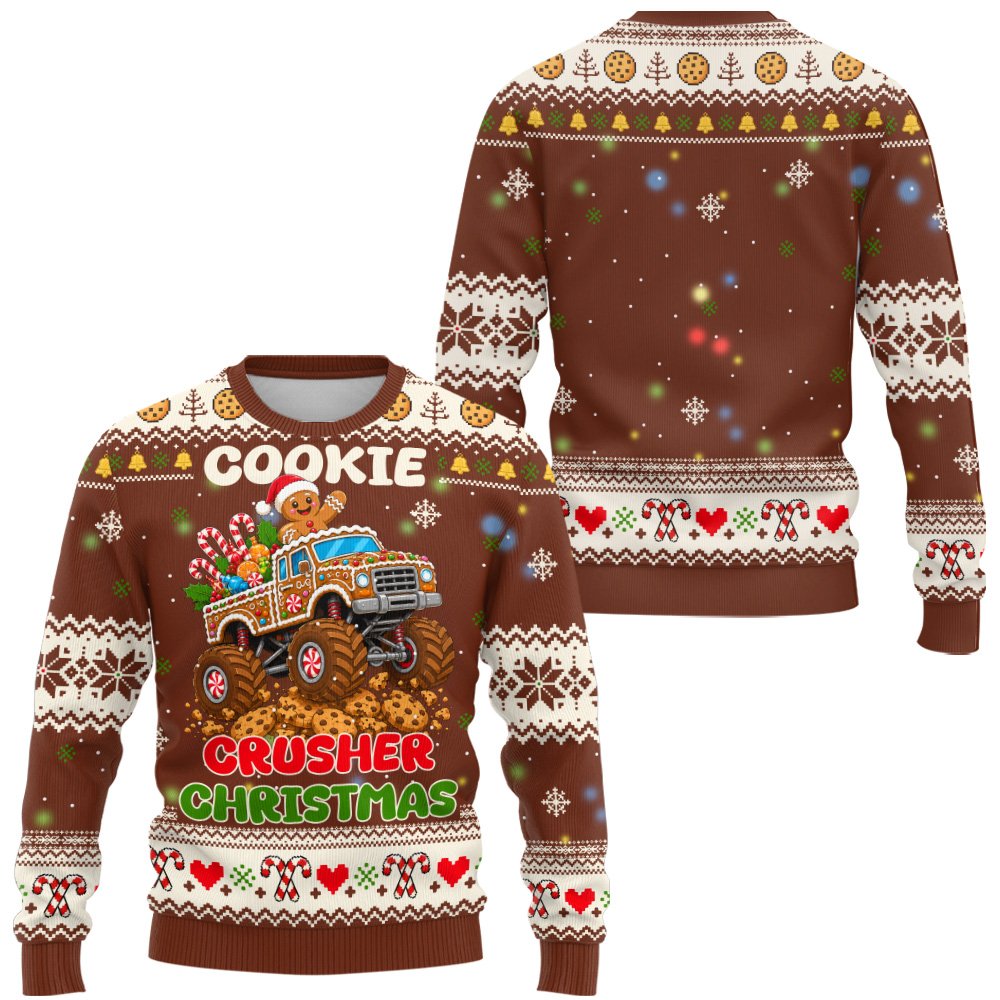 Close up view of the monster truck gingerbread Christmas ugly sweater details